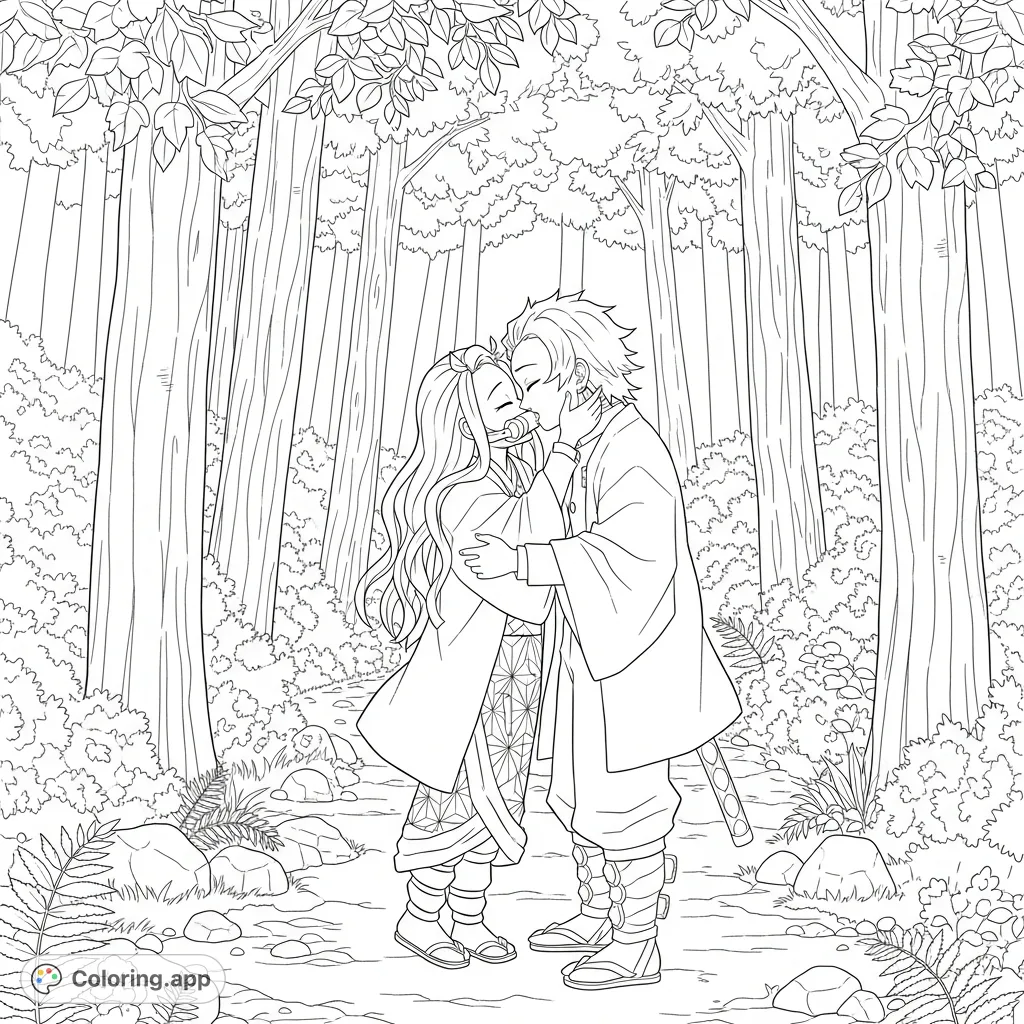 Capture a tender kiss between Nezuko and Muichiro on a serene forest path. A detailed Nezuko and Muichiro coloring page perfect for anime fans.