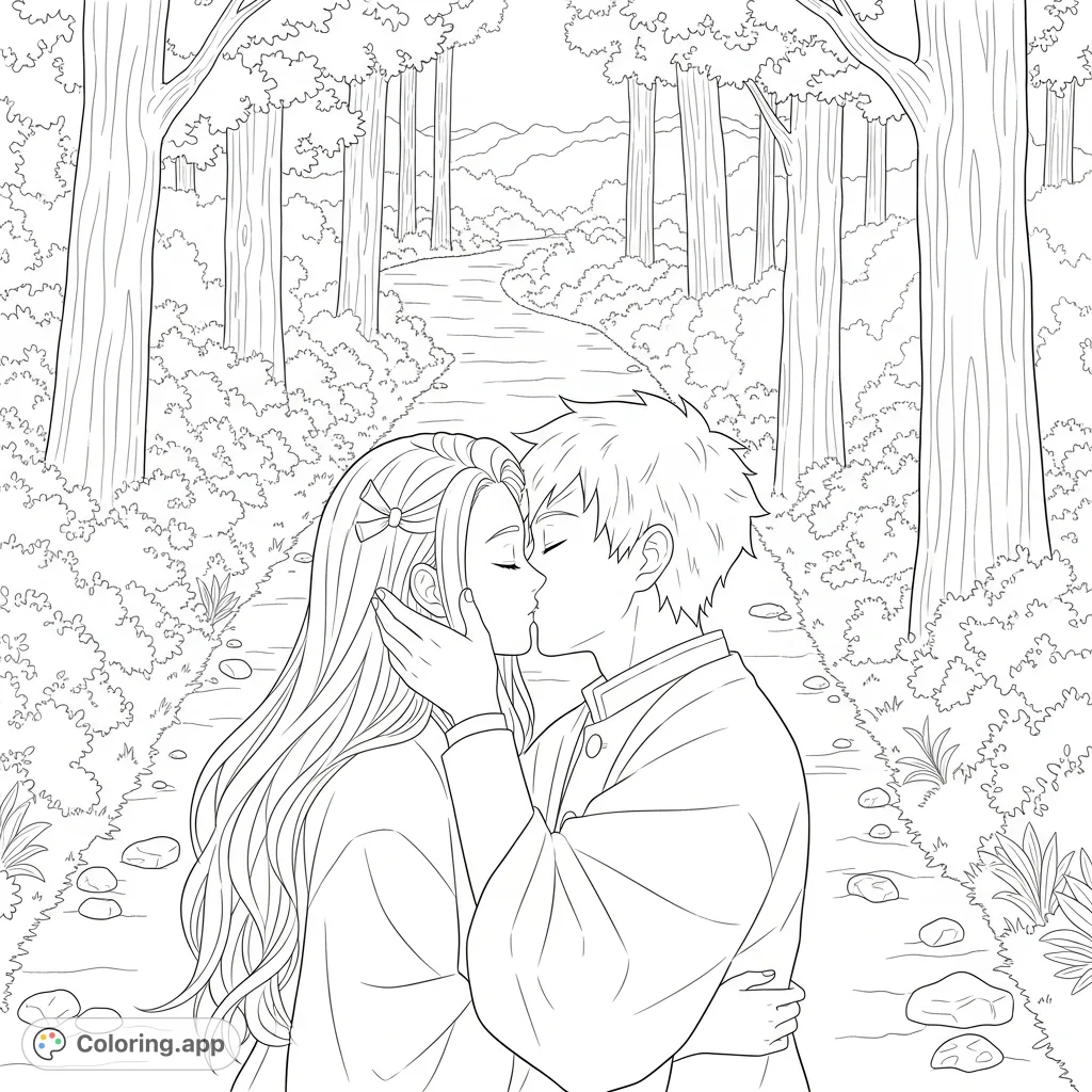Capture a tender moment between Nezuko and Muichiro on a tranquil forest path. A detailed anime-inspired coloring page for fans to enjoy.