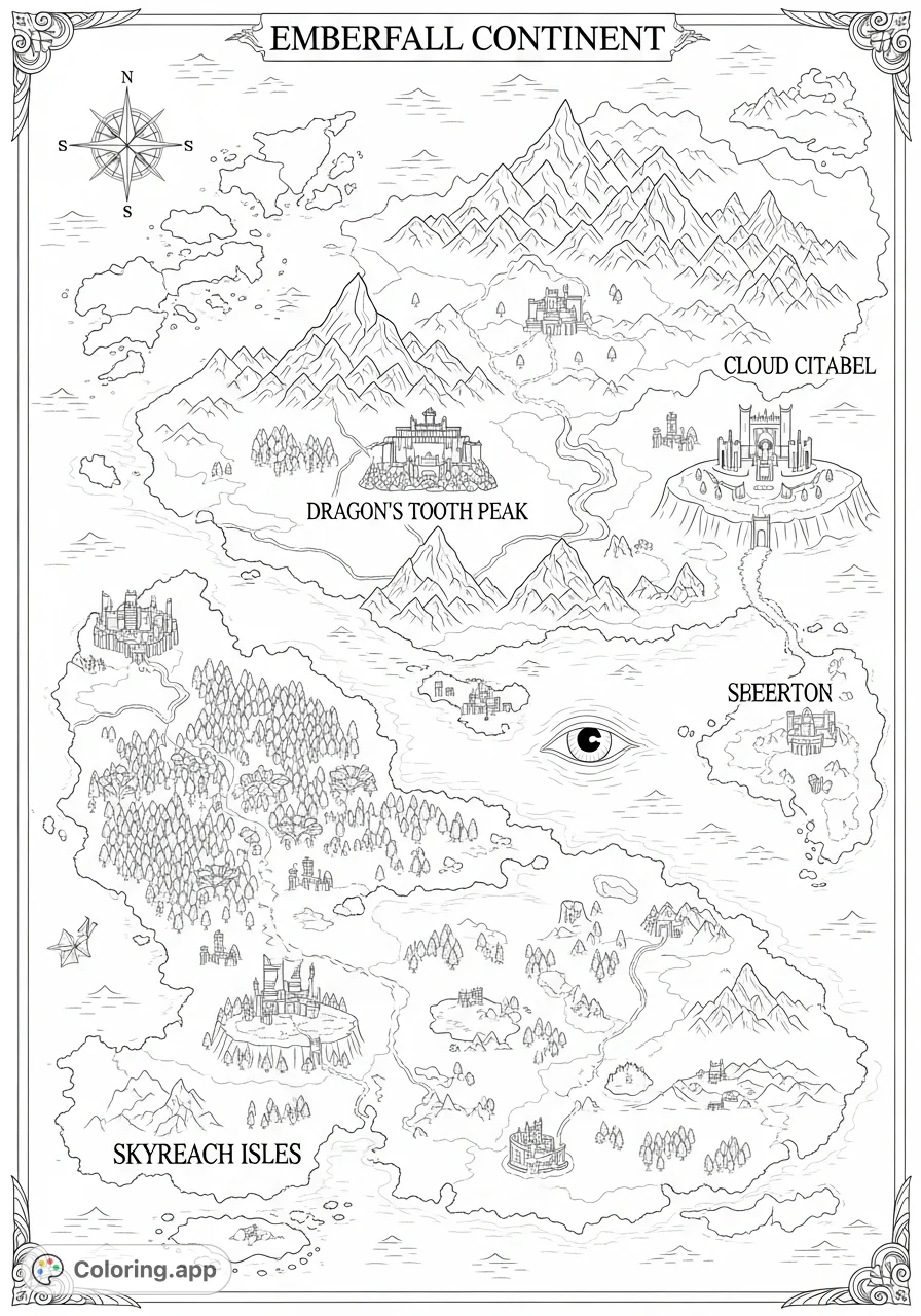 Explore the detailed map of a fantastical world, featuring mountains, forests, oceans, and dragon-themed landmarks. Perfect for fantasy adventurers!