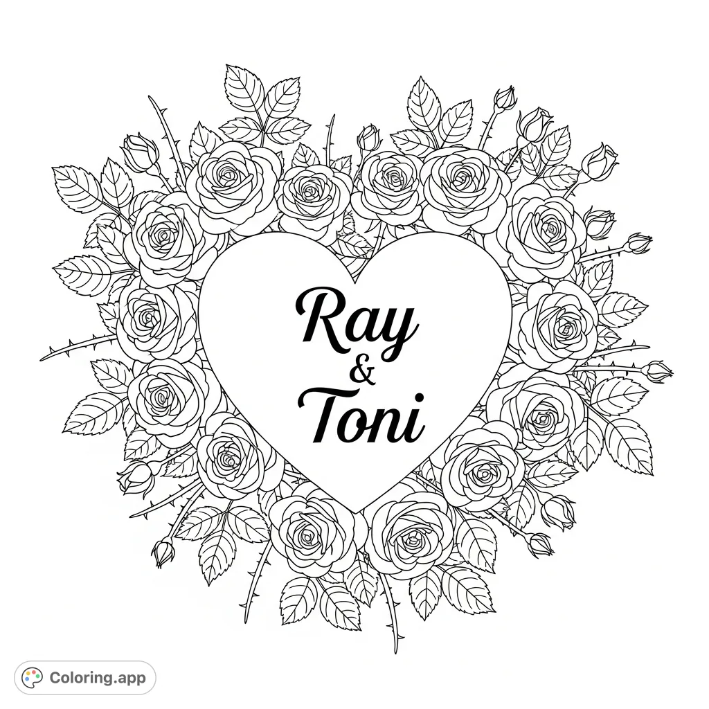 A romantic free printable coloring page featuring the names "Ray & Toni" elegantly framed within a prominent heart, surrounded by a lush design of detailed roses and foliage. Perfect for expressing affection!