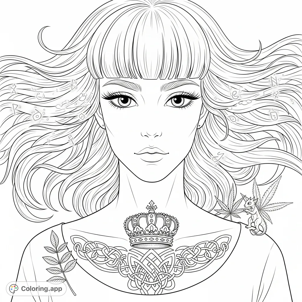 A captivating portrait coloring page featuring an individual with long wavy hair, expressive eyes, and an intricate crown crest tattoo on their chest. Ideal for detailed coloring.