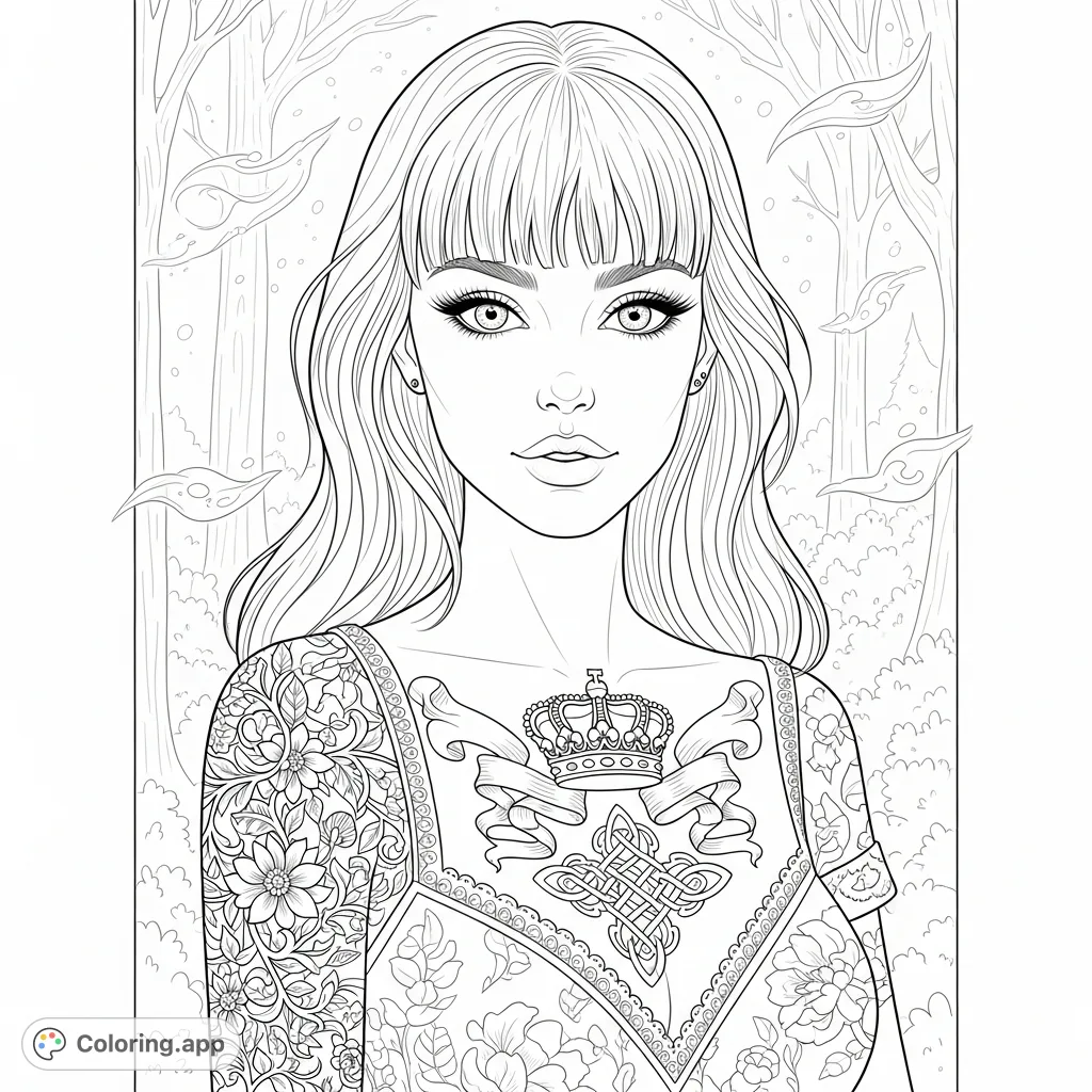 An alluring witch portrait with flowing hair, intricate floral patterns on her top, and elaborate crown and Celtic knot tattoos. A captivating free printable coloring page.