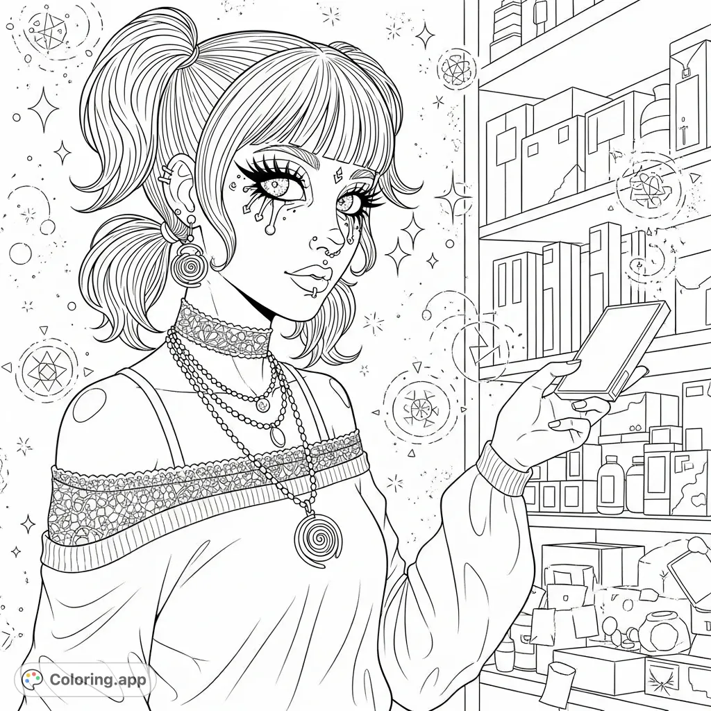 An edgy character with intricate makeup, layered jewelry, and textured pigtails holds a rectangular object against a backdrop of detailed product shelving. A unique fashion-forward scene.