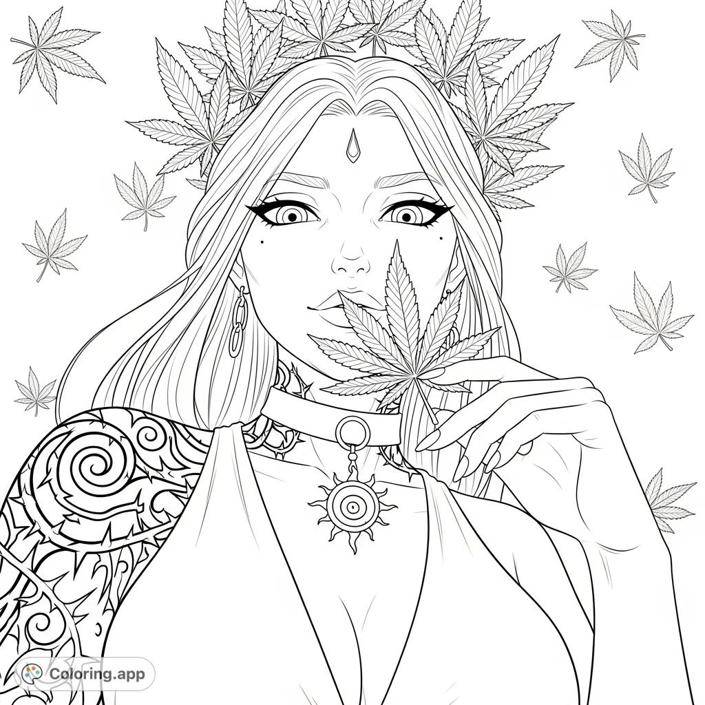 Discover a mysterious gothic goddess coloring page. Featuring an intricate patterned leaf, a detailed choker, and a sprawling tattoo. Perfect for fantasy fans!