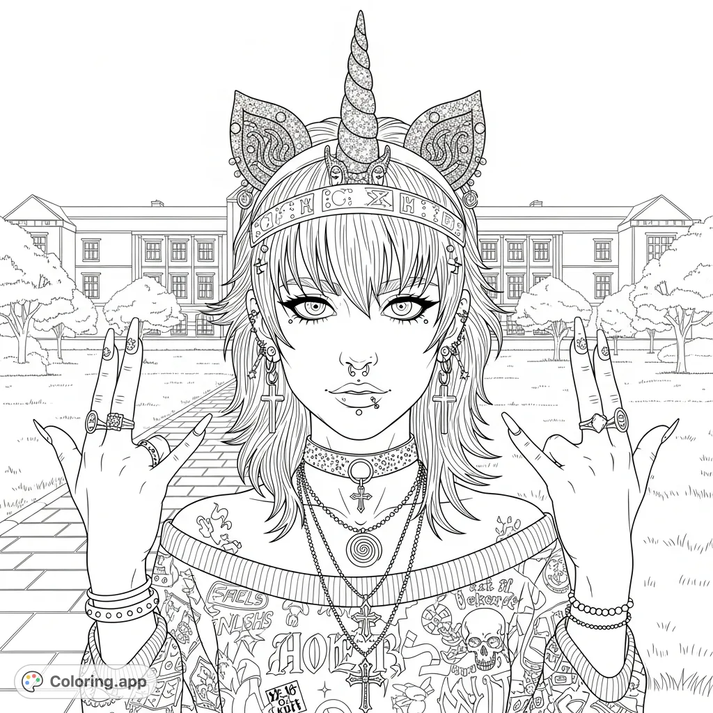 Color a stylish young person with a unicorn horn, piercings, and intricate jewelry, set against an urban backdrop with a building and trees.