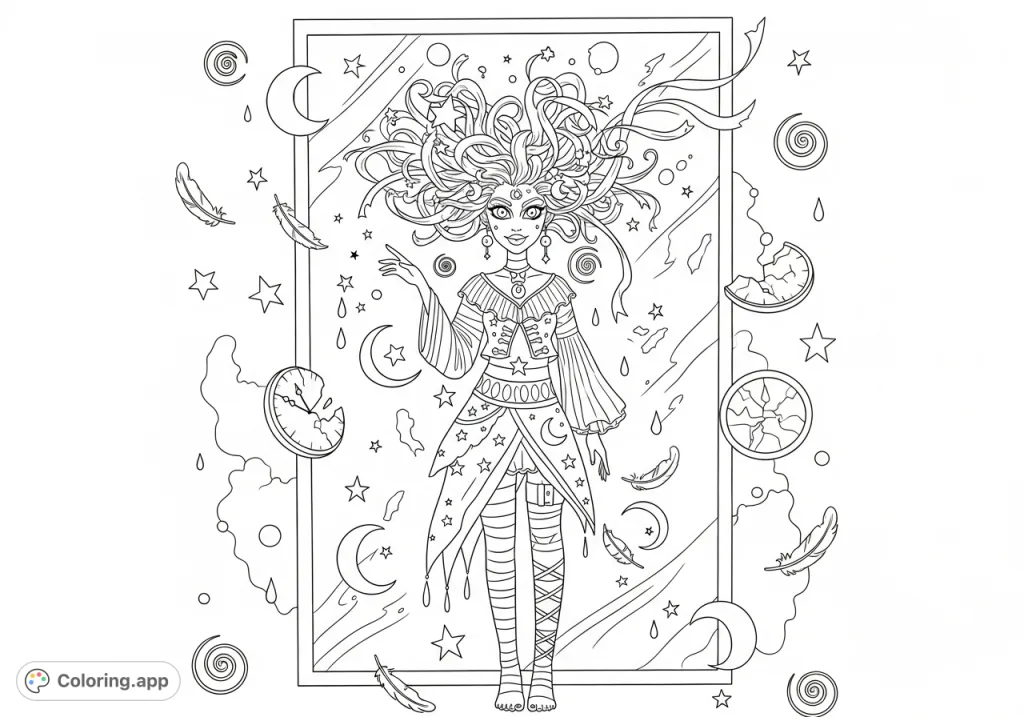 Step into a distorted mirror realm with a fantasy woman of whimsical chaos and dreamlike qualities, surrounded by celestial and abstract elements.