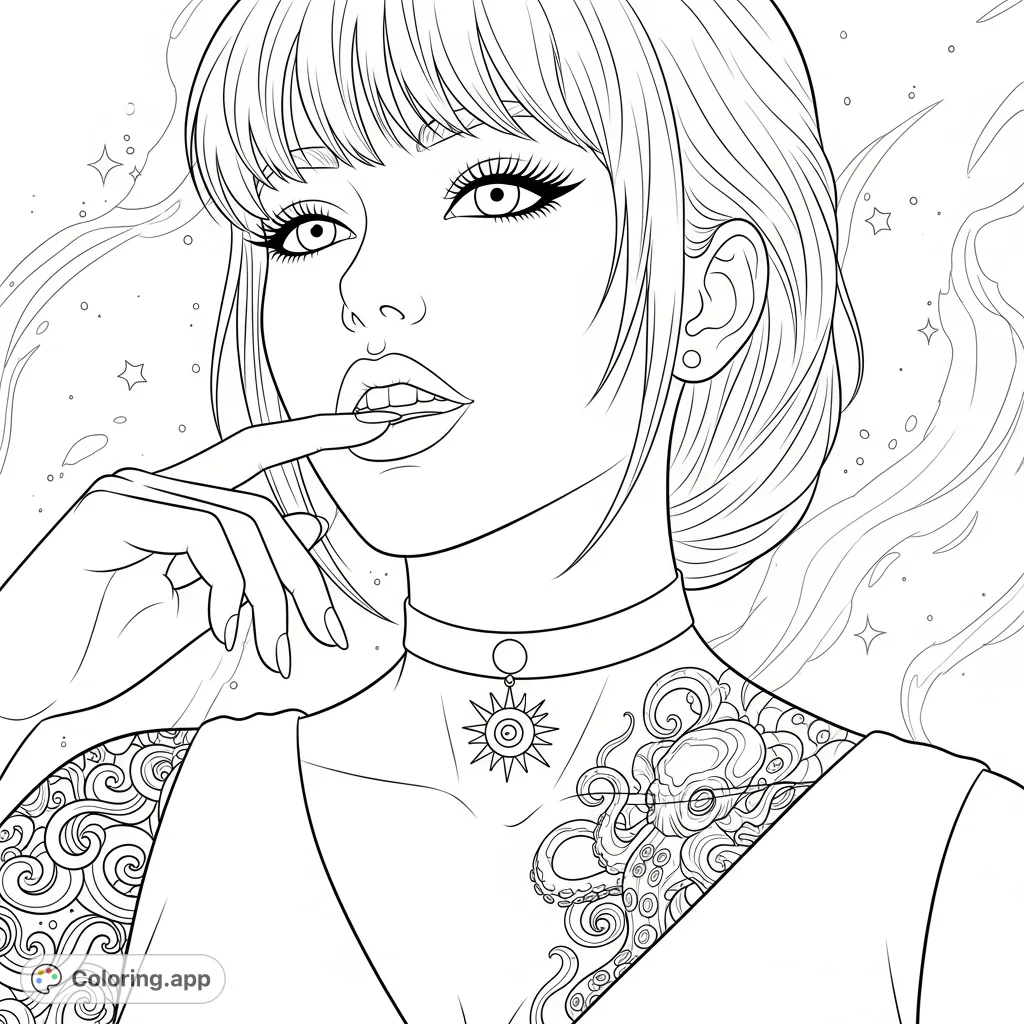 A captivating close-up portrait of a woman with bangs, a choker with a sun pendant, and intricate, flowing tattoos, offering a detailed coloring experience.