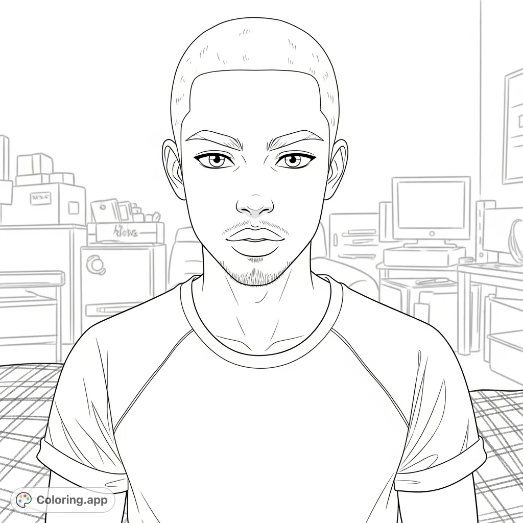 A detailed coloring page featuring a forward-facing portrait of a biracial young man with defined hair and a unique two-part t-shirt, set indoors.
