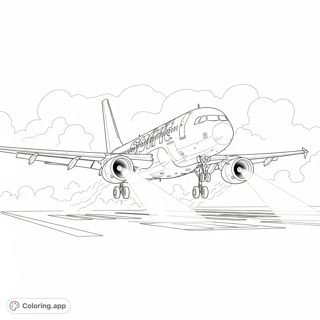 A detailed Spirit Airlines A320 NEO coloring page featuring the aircraft landing on a foggy runway, illuminated by bright landing lights.