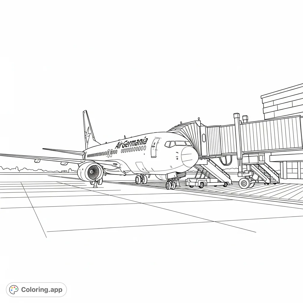 A detailed Air Germania 737 at an airport gate with an aerobridge and stairs on the tarmac. Perfect for aviation enthusiasts seeking a challenging coloring project.