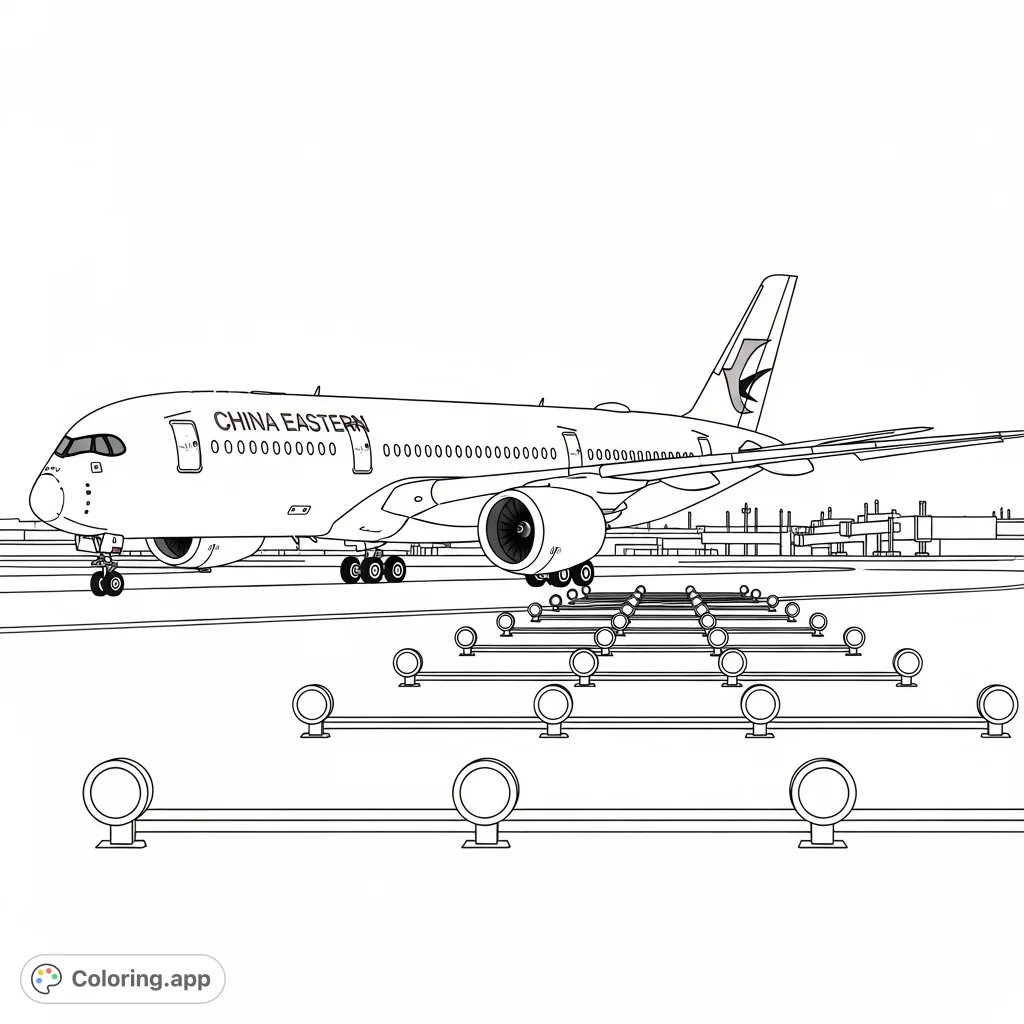 Color a detailed China Eastern Airbus A350 XWB on an airport tarmac, complete with runway lights. An engaging free printable aircraft coloring page.