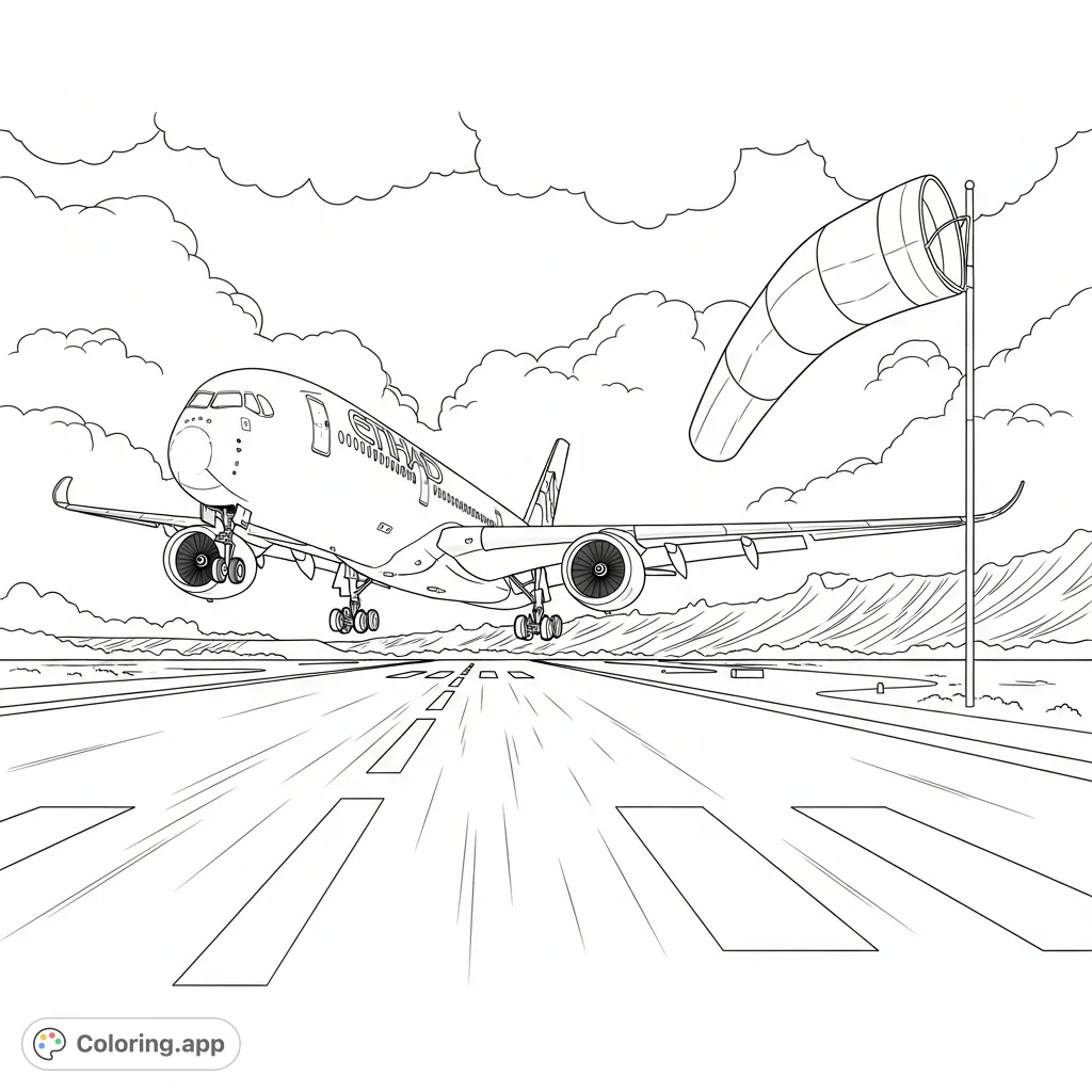 A detailed Etihad A350-900 airplane coloring page landing gently on a storm-battered airport runway, with a wind sock battling turbulent gusts. A challenging aviation scene for enthusiasts.