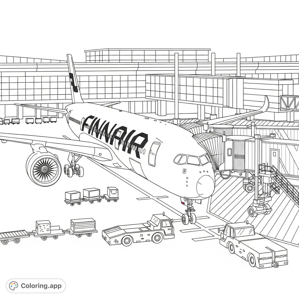 A detailed Finair A350-900 passenger plane connected to an airbridge at an airport gate, ready for boarding. Perfect for aviation enthusiasts.