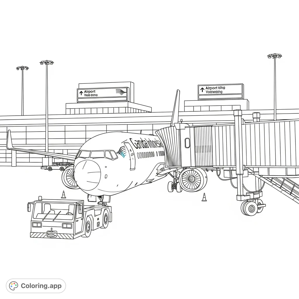 A detailed Garuda Indonesia 737-8 aircraft at an airport terminal, featuring a jet bridge, tug vehicle, and airport signage. Perfect for aviation enthusiasts.