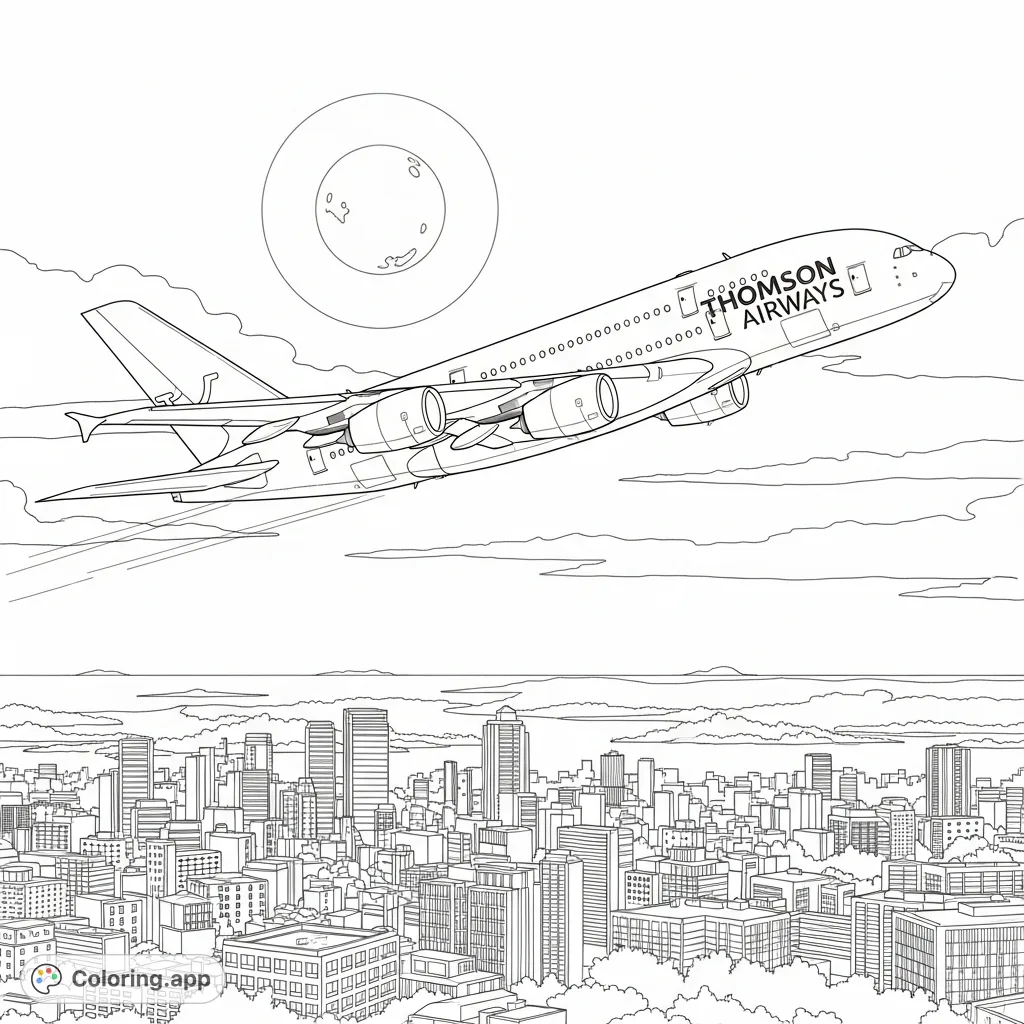 A majestic Thomson Airways A380 airplane tilts gracefully over a shimmering city at night, bathed in the gentle glow of a full moon. Perfect for vehicle enthusiasts.