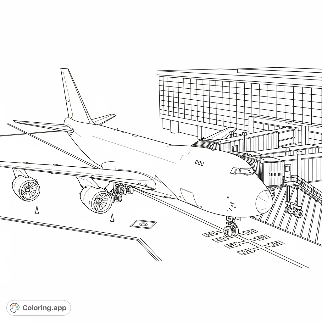 Color a powerful National 747-8F cargo plane connected to a terminal building by a jet bridge, ready for departure or arrival at a busy airport.