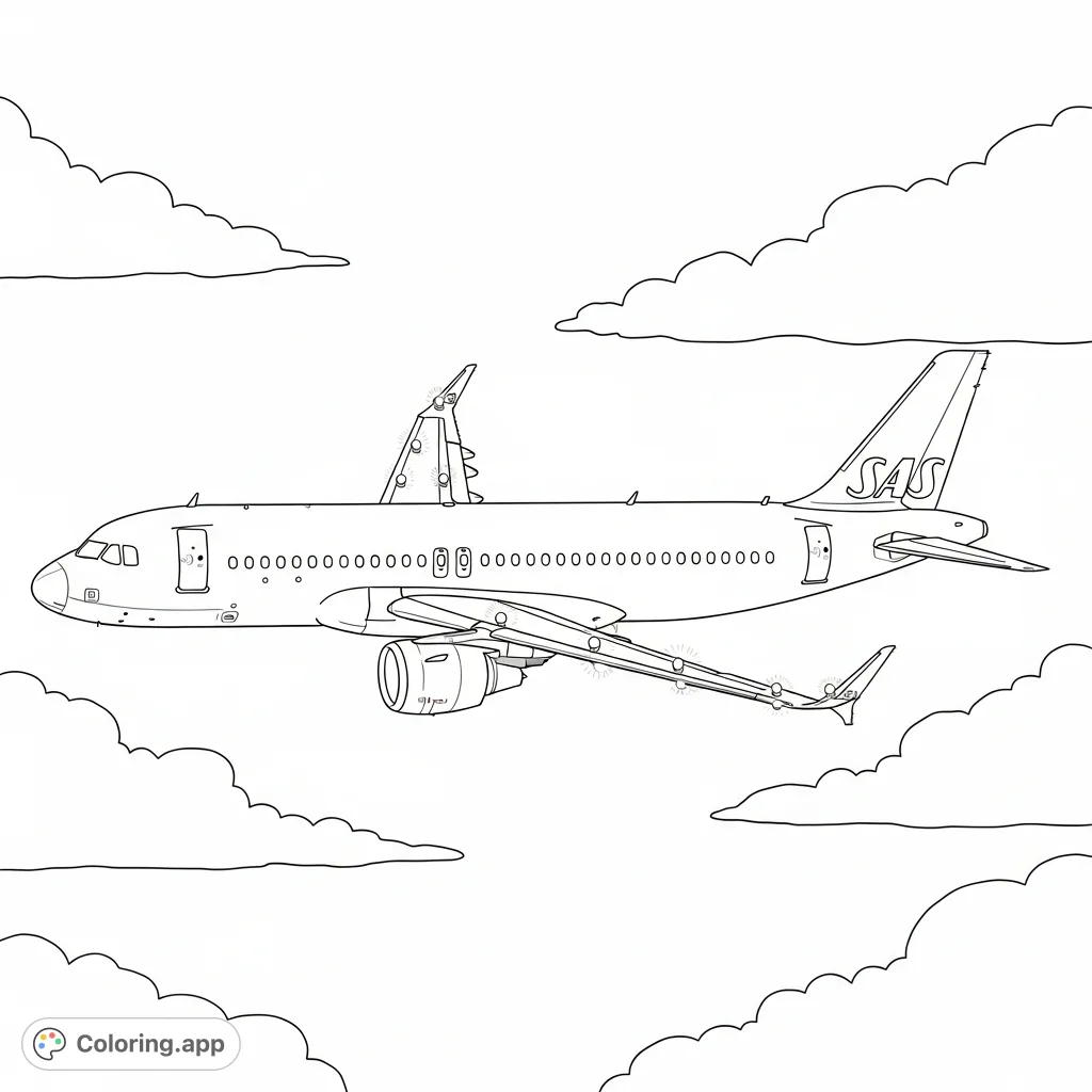 Embark on a night adventure with this detailed SAS A320neo airplane. Featuring bright lights and soft clouds against a celestial backdrop, it's perfect for aviation fans.