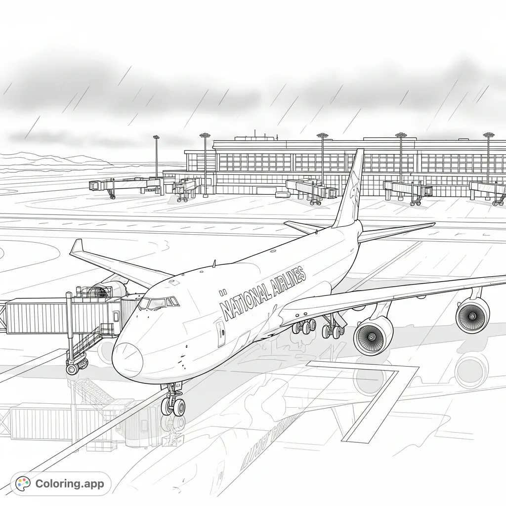 Color a powerful National Airlines 747-8F at an airport terminal under stormy, foggy skies with a wet runway. Perfect for aviation fans!