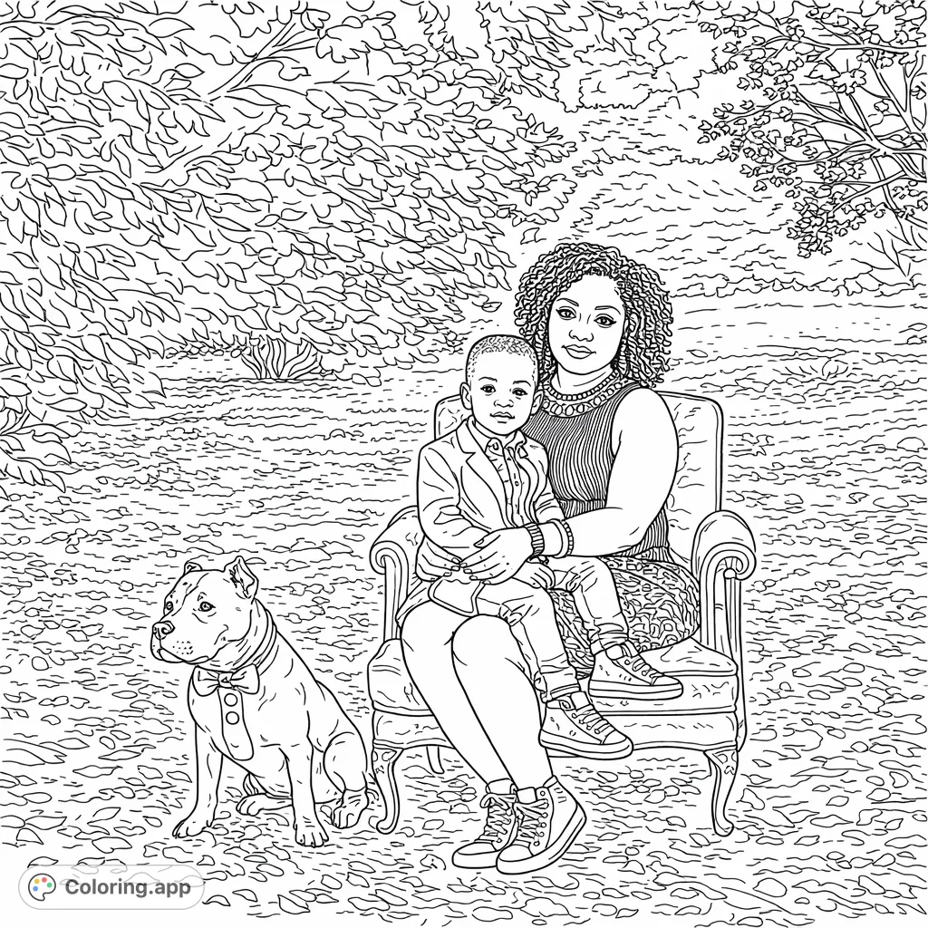 A heartwarming scene featuring a mother and child seated on an elegant chair, accompanied by their well-dressed dog amidst a natural outdoor setting.