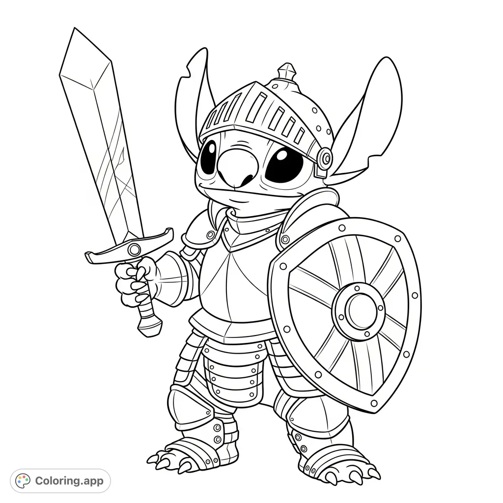An adorable Stitch coloring page depicting the beloved alien experiment as a valiant knight in detailed armor, holding a sword and shield. Perfect for Disney fans!