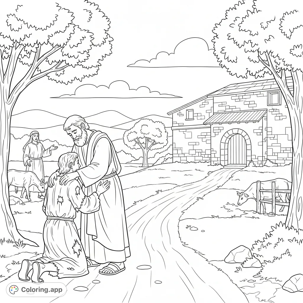 Capture the emotional reunion of the Prodigal Son and his father in this detailed biblical scene, perfect for reflection and creative expression.