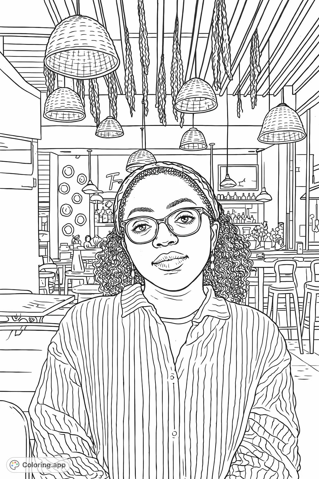 A stylish young woman in a contemporary cafe setting, featuring intricate details from her striped shirt and unique hanging lamps. Perfect for coloring.