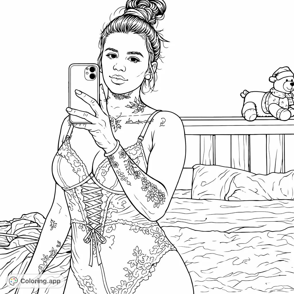 A detailed adult coloring page featuring a person in a delicate lace bodysuit, posing for a mirror selfie with intricate tattoos and a plush toy nearby.