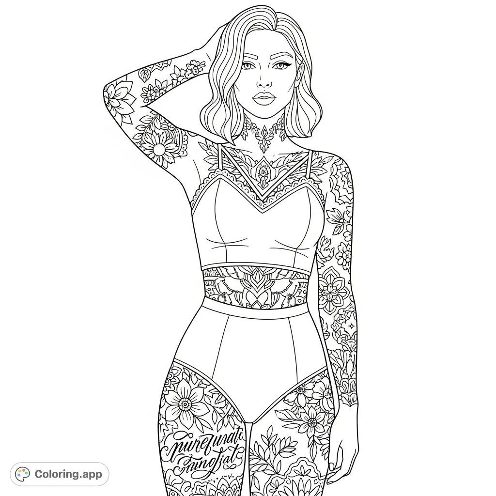 A stunning coloring page featuring a fully tattooed woman in a stylish ensemble, perfect for adult colorists exploring intricate body art and contemporary fashion.