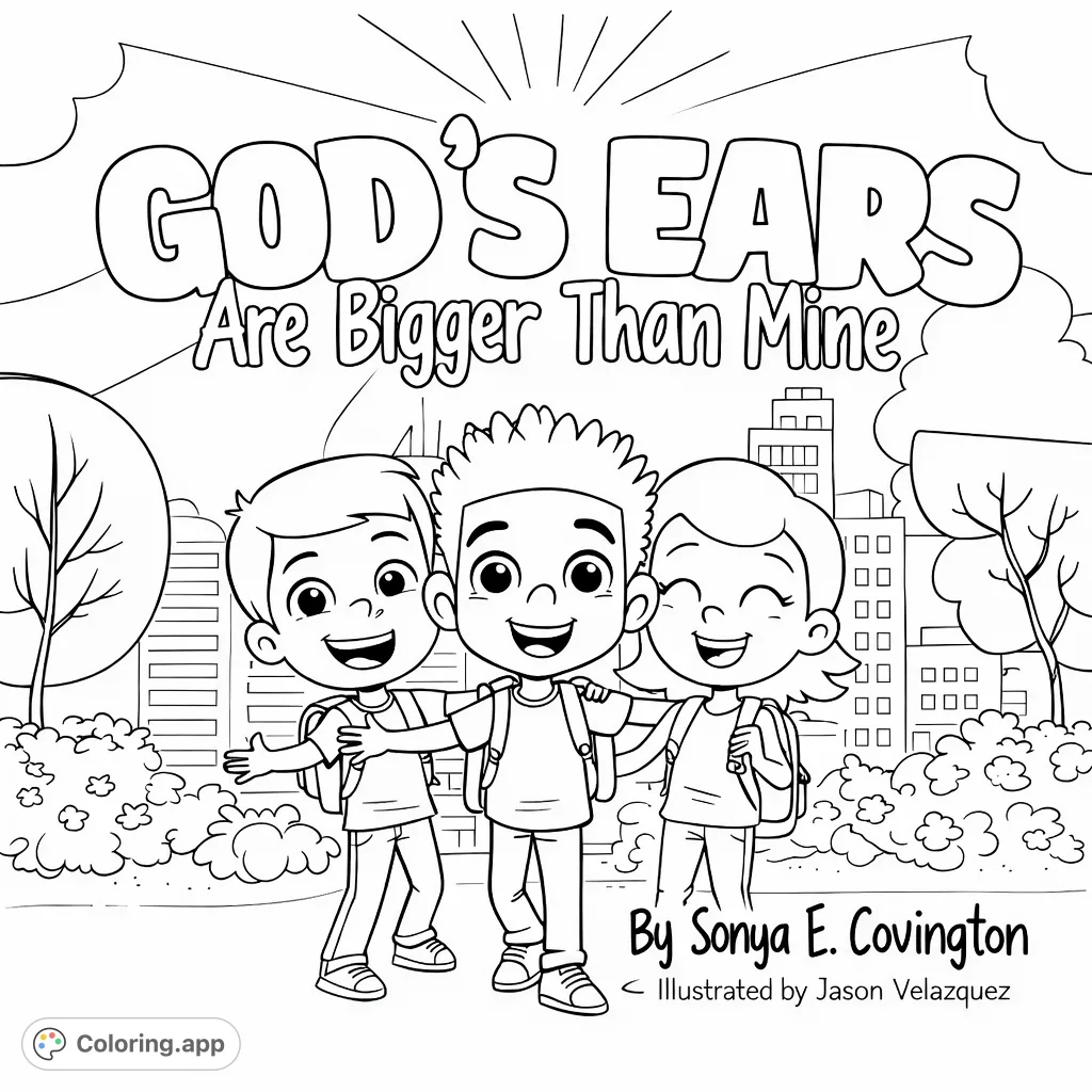 A heartwarming scene of three diverse children embracing in a park setting, with a city skyline in the background, perfect for young colorists.