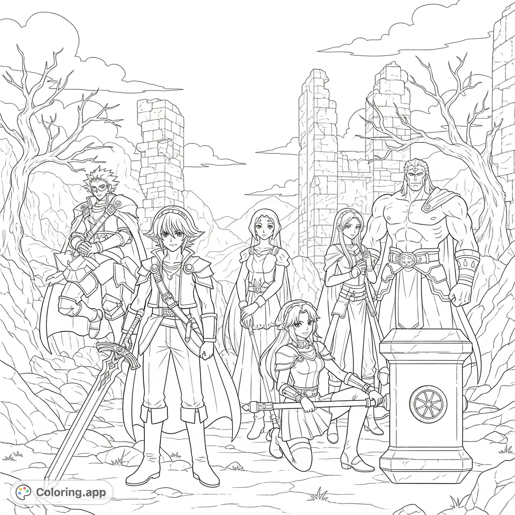 Unleash your creativity with this Seven Deadly Sins coloring page featuring Meliodas, Diane, Ban, King, Gowther, Merlin, and Escanor amidst ancient ruins.