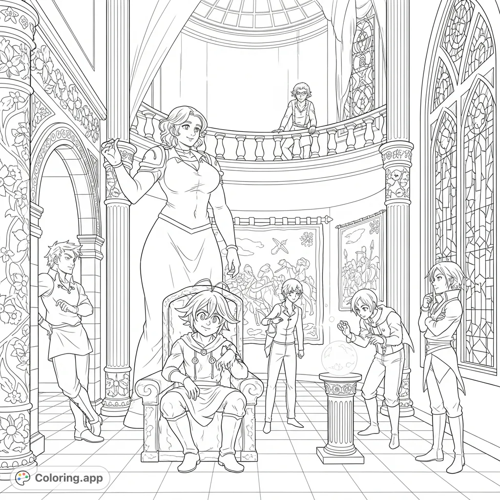 The Seven Deadly Sins gather in an ornate palace hall, featuring Meliodas, Diane, Ban, King, Gowther, Merlin, and Escanor in a grand, detailed scene.