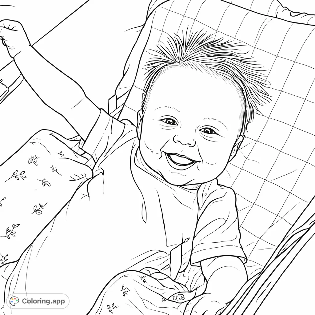 A delightful baby with a wide smile and fuzzy hair, nestled in a stroller with patterned cushions. A joyful scene perfect for nurturing creativity.