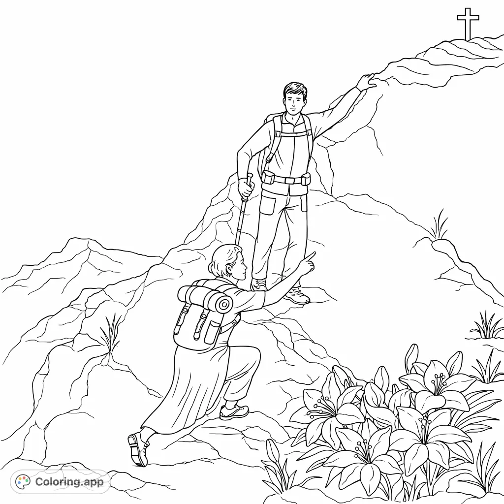 Embark on a spiritual journey with this mountain climbing scene. Two figures assist each other towards a cross-marked summit, surrounded by rocky terrain and delicate flowers.