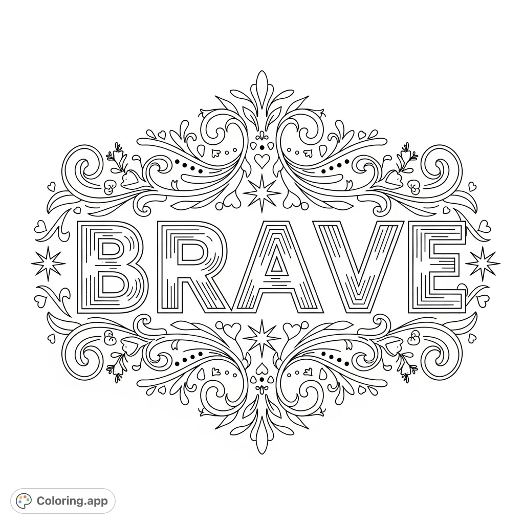 An empowering "Brave" coloring page featuring bold lettering surrounded by intricate scrollwork, delicate florals, and celestial motifs for creative expression.