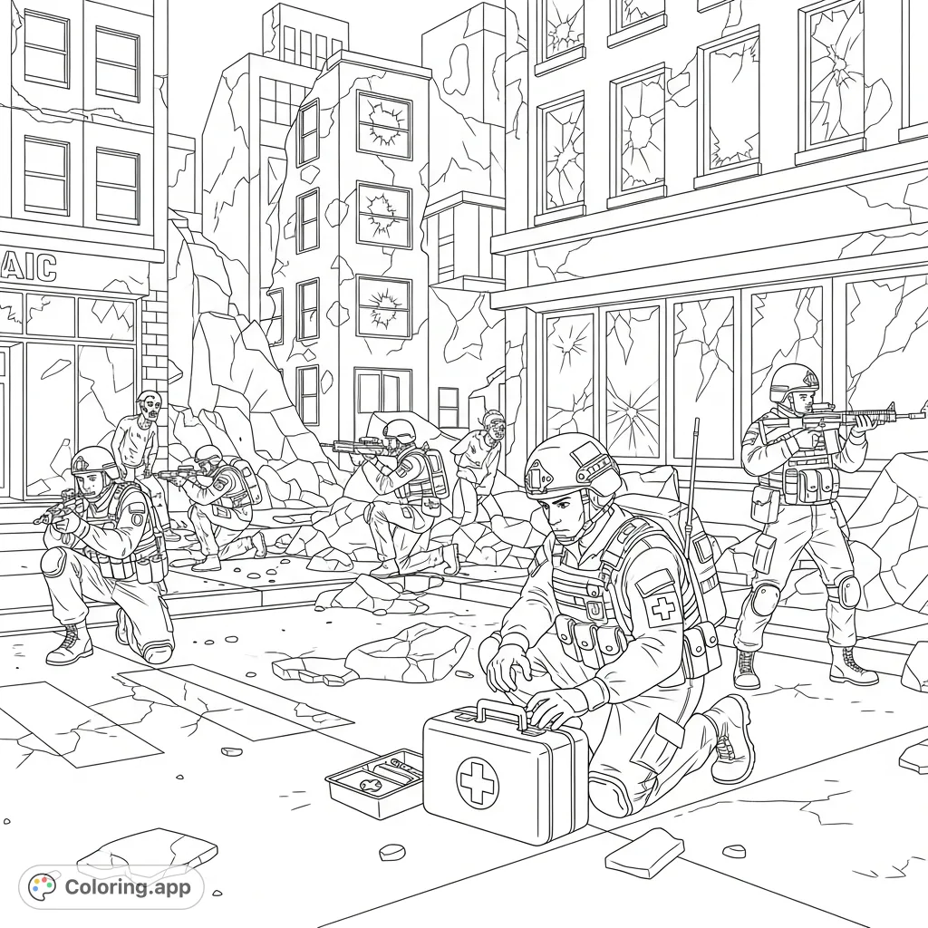 Witness a dramatic zombies vs military coloring page scene. Soldiers and a medic defend a ravaged city street with a first aid kit amidst urban decay. Perfect for adults.