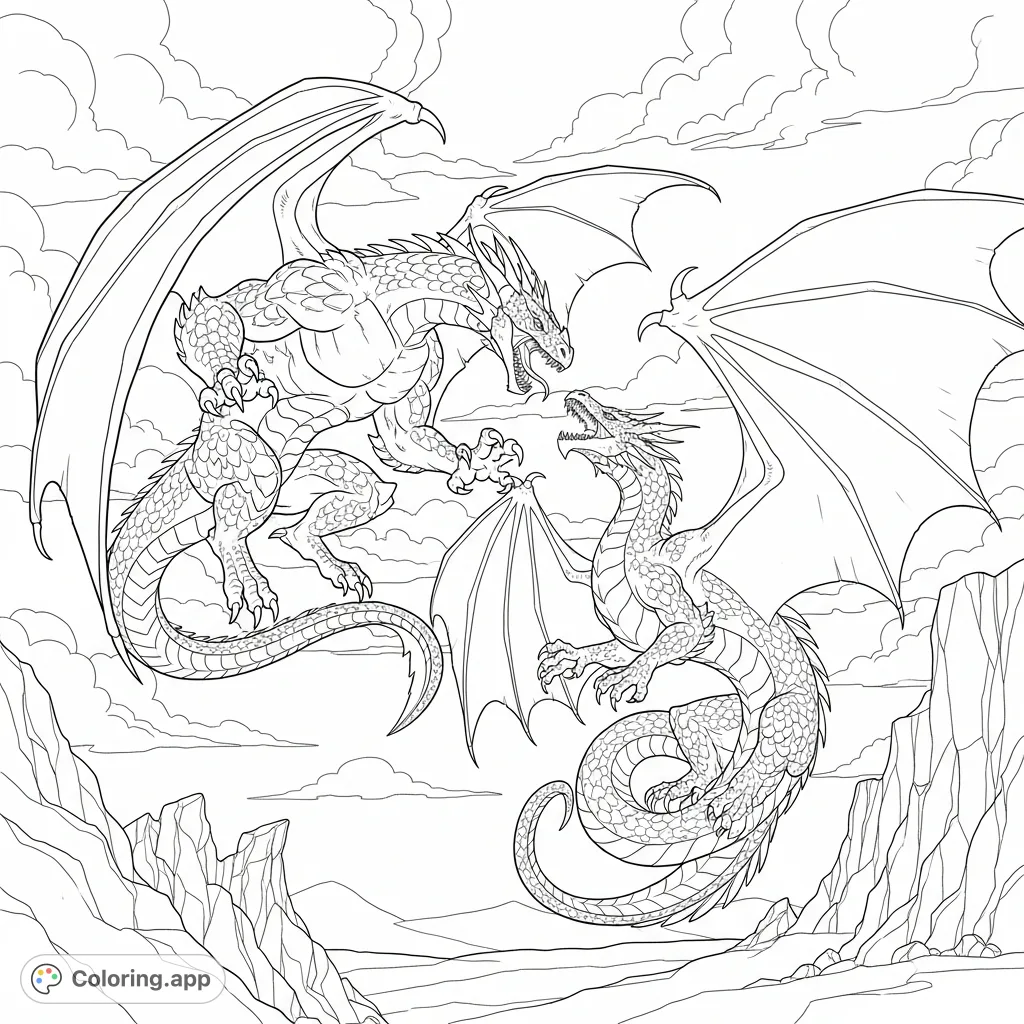 Experience an epic Wings of Fire dragon battle with this free printable coloring page. Two powerful dragons clash amidst a jagged, turbulent landscape.
