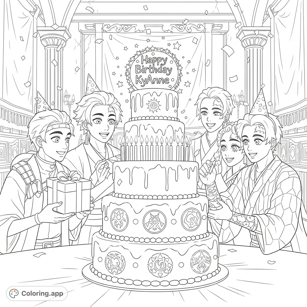 A dynamic K-pop demon hunter coloring page featuring five characters celebrating a birthday with an elaborate, symbol-adorned cake for KyAnne in an opulent hall.