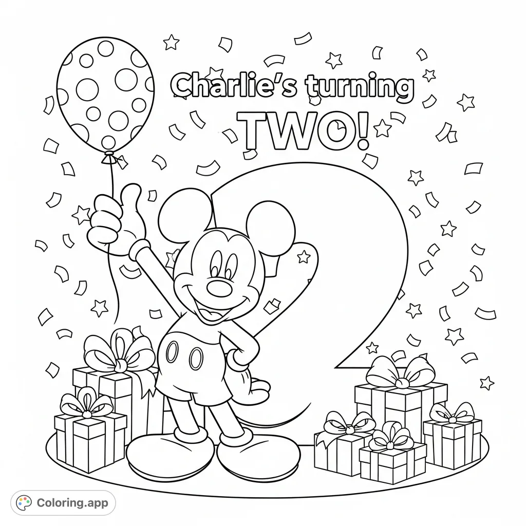 Celebrate a special day with this delightful Mickey Mouse coloring page featuring Mickey, a festive balloon, and the text "Charlie's turning TWO!".