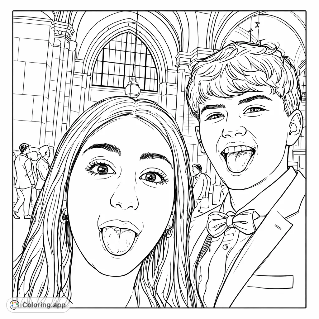 Capture the lively spirit of two friends at a formal event in this portrait coloring page. Perfect for celebrating connections and stylish settings.