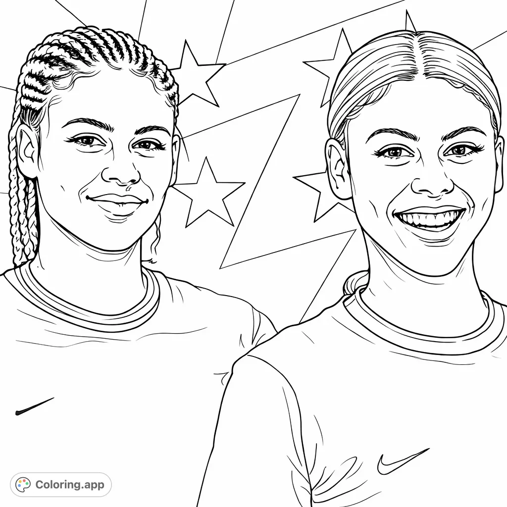 Celebrate strength and joy with this athlete power duo coloring page. Features two dynamic women against a star-filled background, perfect for all ages.