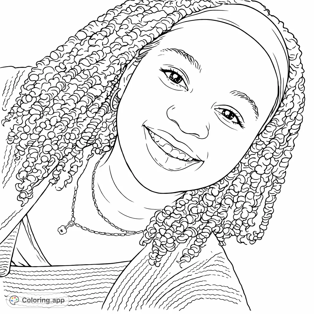 A captivating portrait of a smiling individual with flowing curly hair and a subtle necklace, perfect for personalizing with your favorite shades.