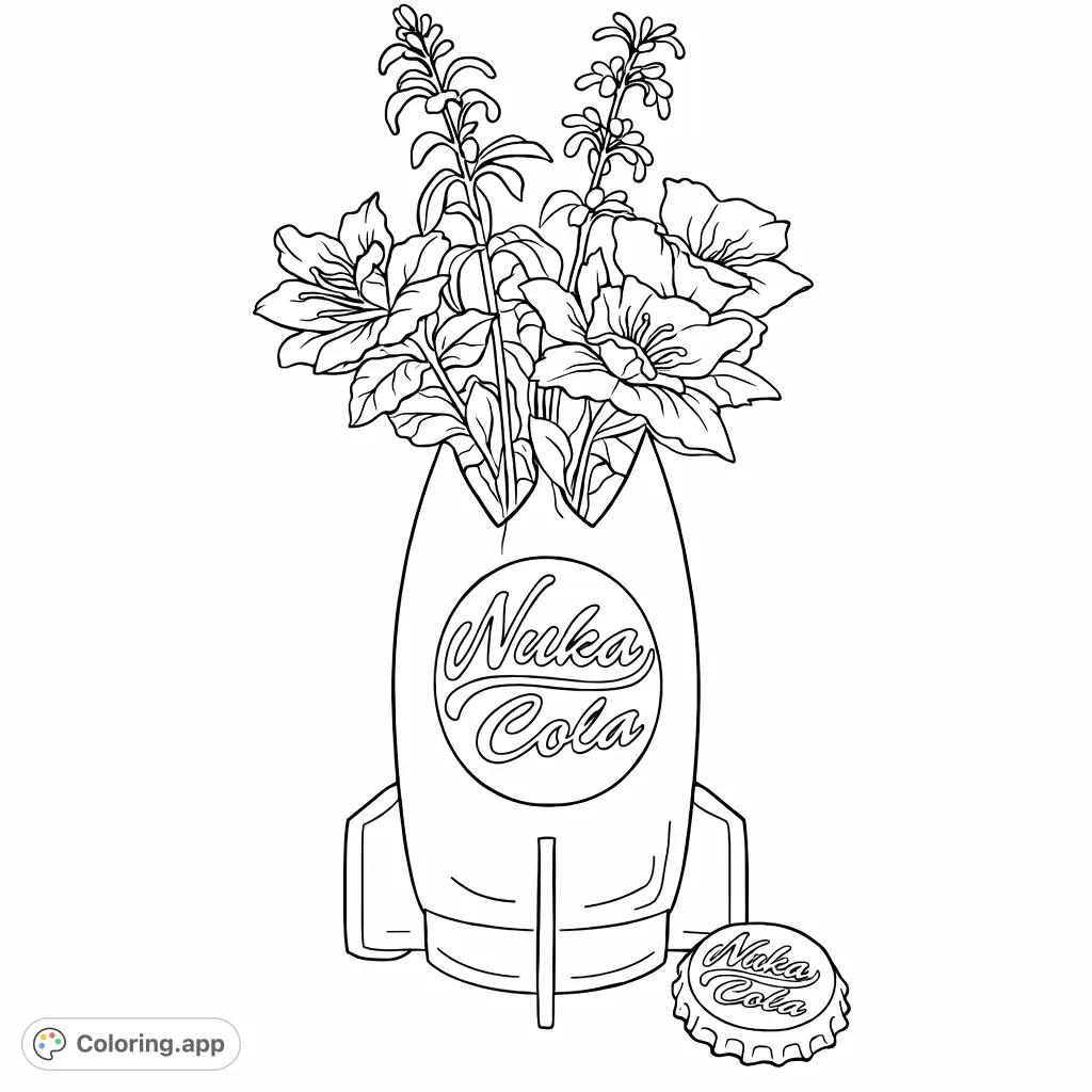 Color this unique Nuka-Cola bomb vase overflowing with beautiful flowers. A striking blend of post-apocalyptic themes and natural beauty awaits your creative touch.