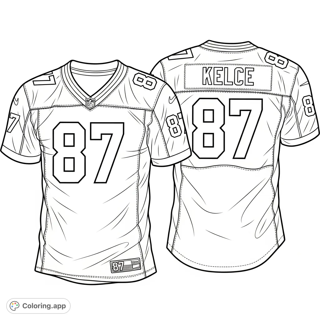 Color a detailed Travis Kelce jersey, featuring his number 87 and name. Perfect for football fans to personalize their game day spirit.