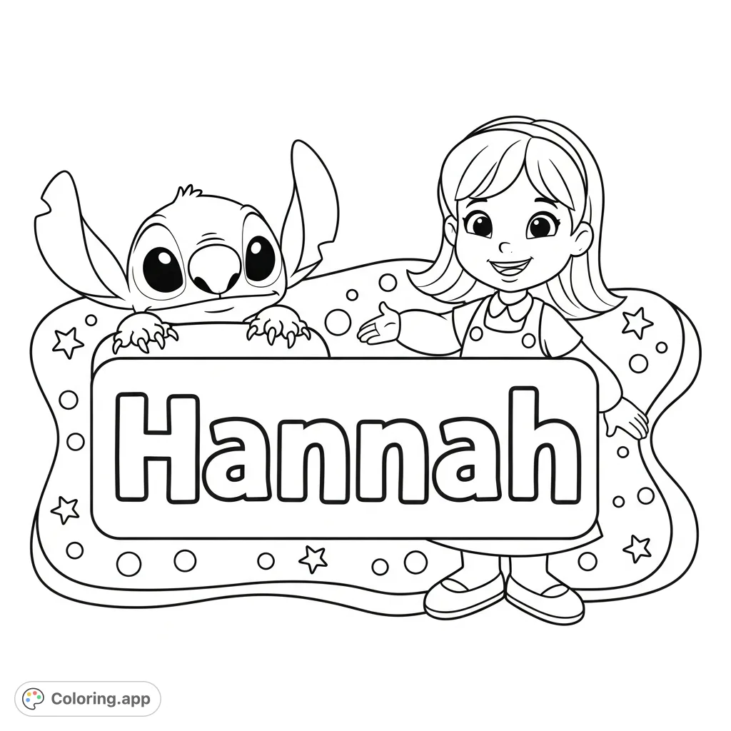 A delightful free printable Hannah and Stitch coloring page for kids, featuring the cheerful girl alongside everyone's favorite alien, Stitch, on a customizable name tag.