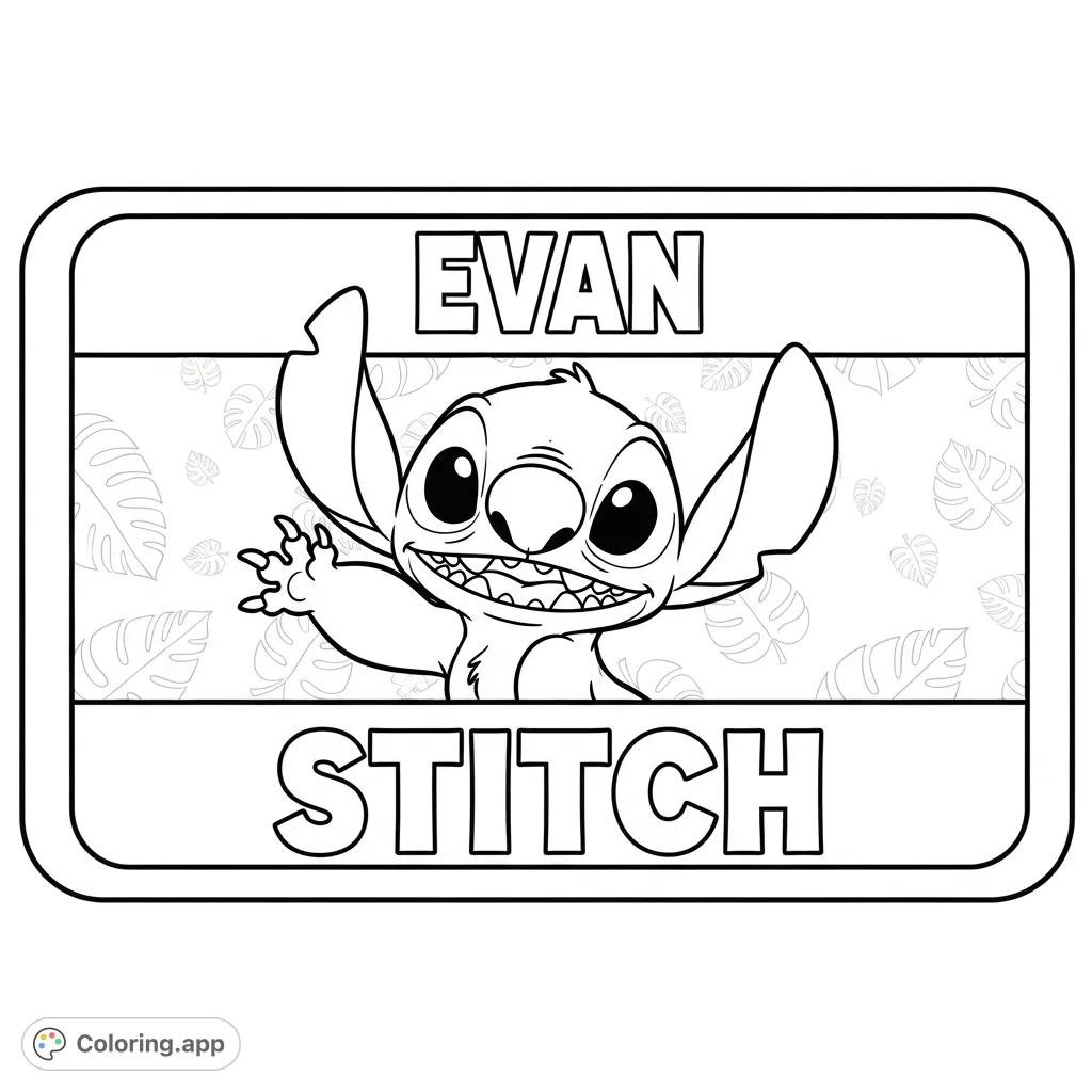 A charming coloring page featuring a name tag with the beloved character Stitch, personalized with the name 'Evan'. Perfect for fans to color and customize.