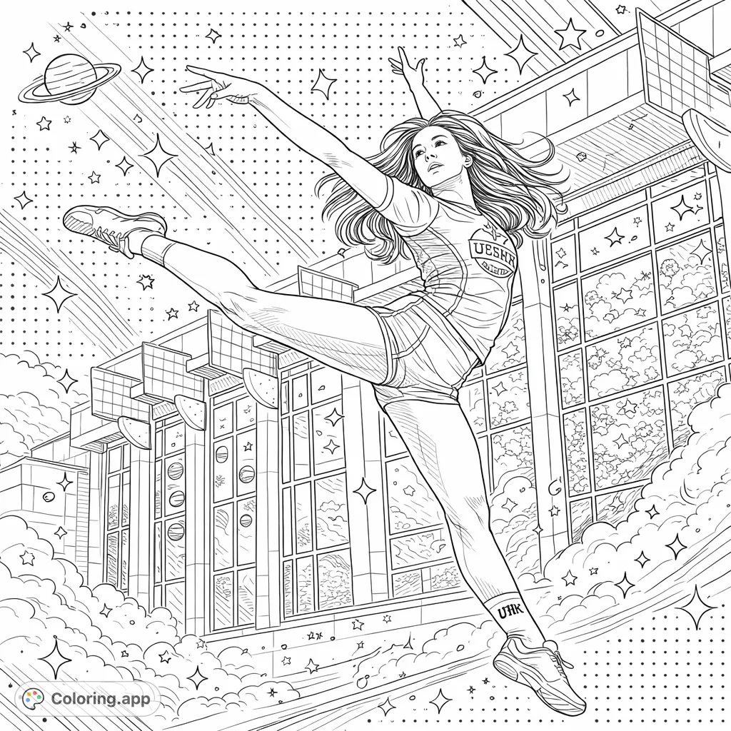 A dynamic figure leaps mid-air against a modern building backdrop, enhanced with celestial elements and a polka dot pattern for a vibrant, detailed coloring experience.