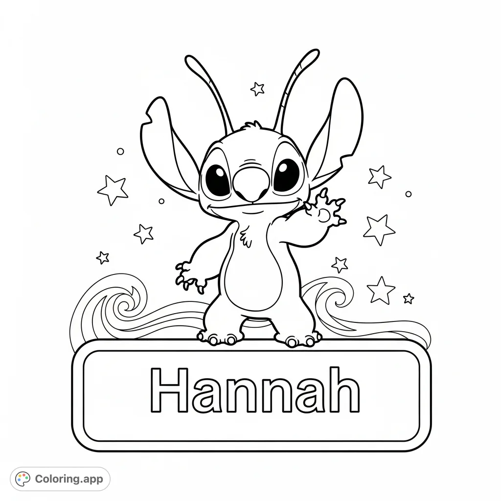 A delightful name tag featuring Angel from Lilo and Stitch, personalized with "Hannah." Perfect for fans to color and display!