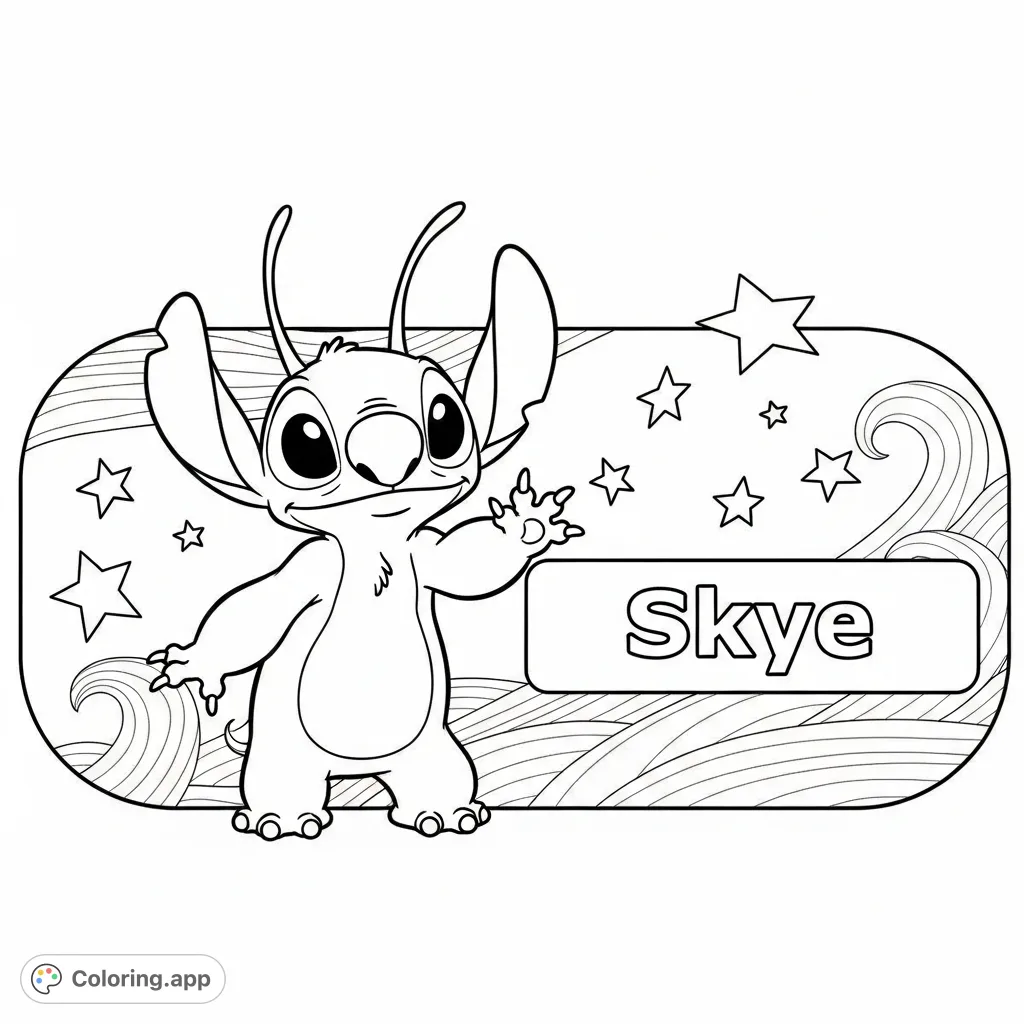 An adorable Angel from Lilo and Stitch waves cheerfully on a name tag featuring the name 'Skye,' surrounded by whimsical waves and stars. Perfect for fans!