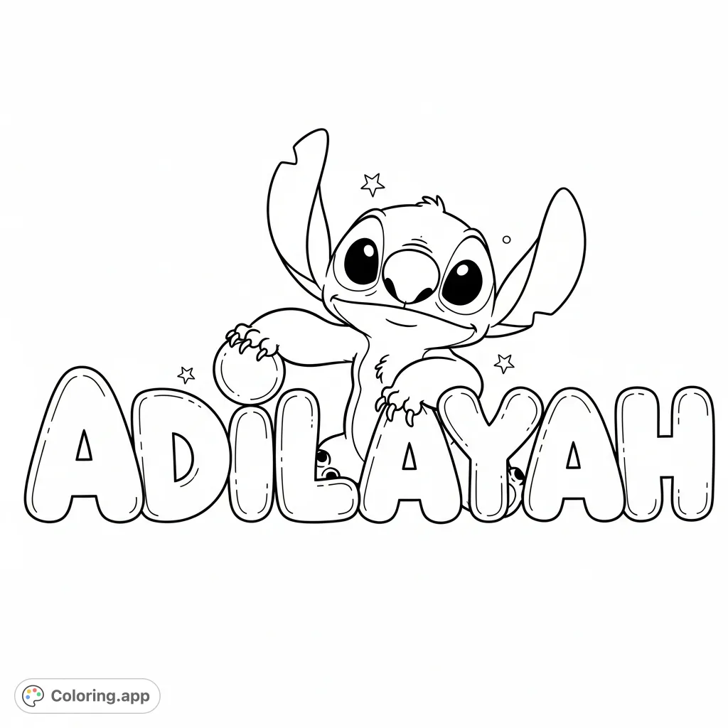 A delightful coloring page featuring Stitch playfully interacting with large, volumetric bubble letters that spell out 'Adilayah', perfect for personalized fun.