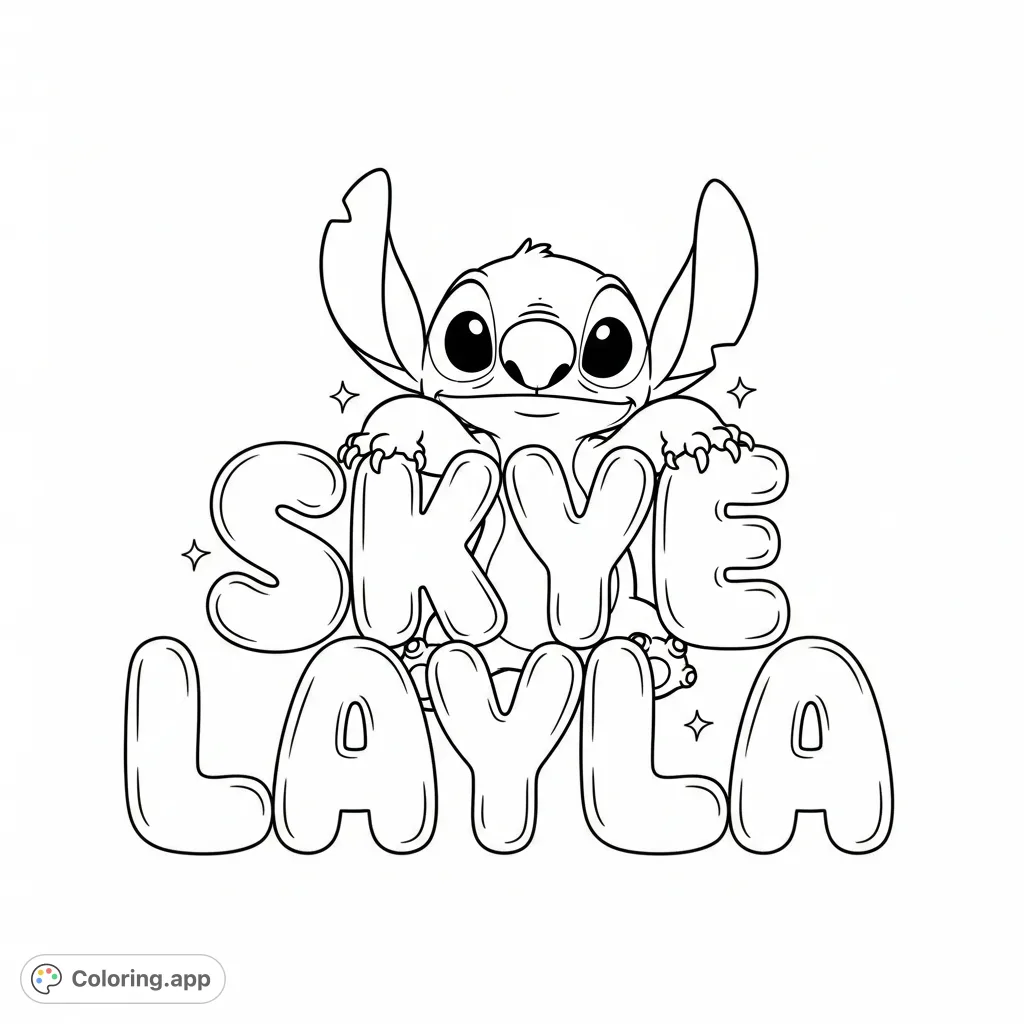 A delightful Stitch design featuring Stitch playfully interacting with large bubble letters spelling 'Skye Layla'. Perfect for fans of the mischievous alien!